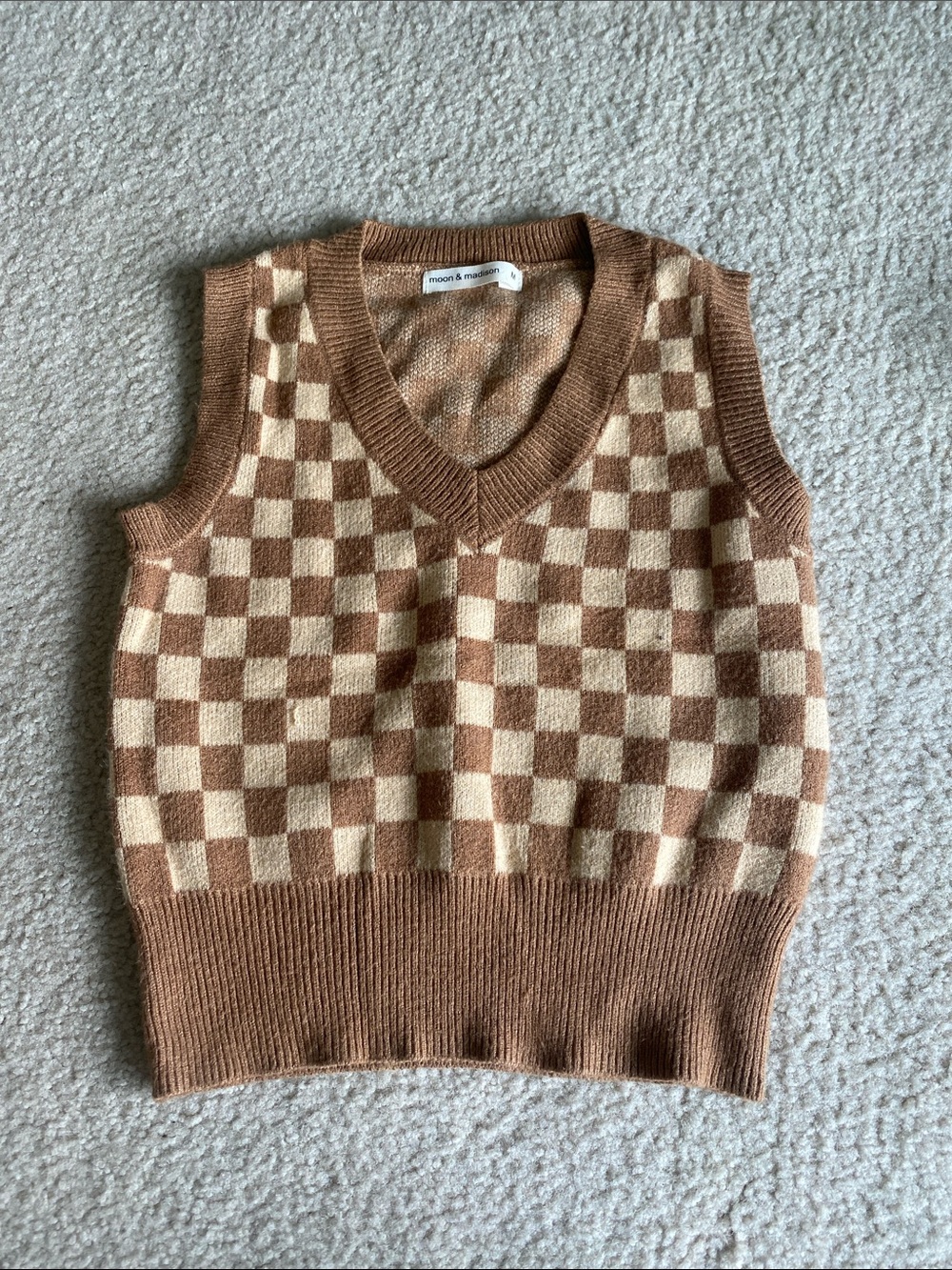 moon & madison Brown and Cream Checker Knit Tank Top